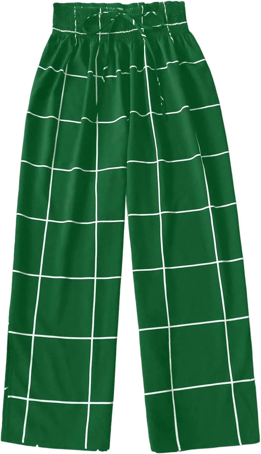 WDIRARA Women's Plus Size Plaid Split Side Tie Front Wide Leg Casual Pants