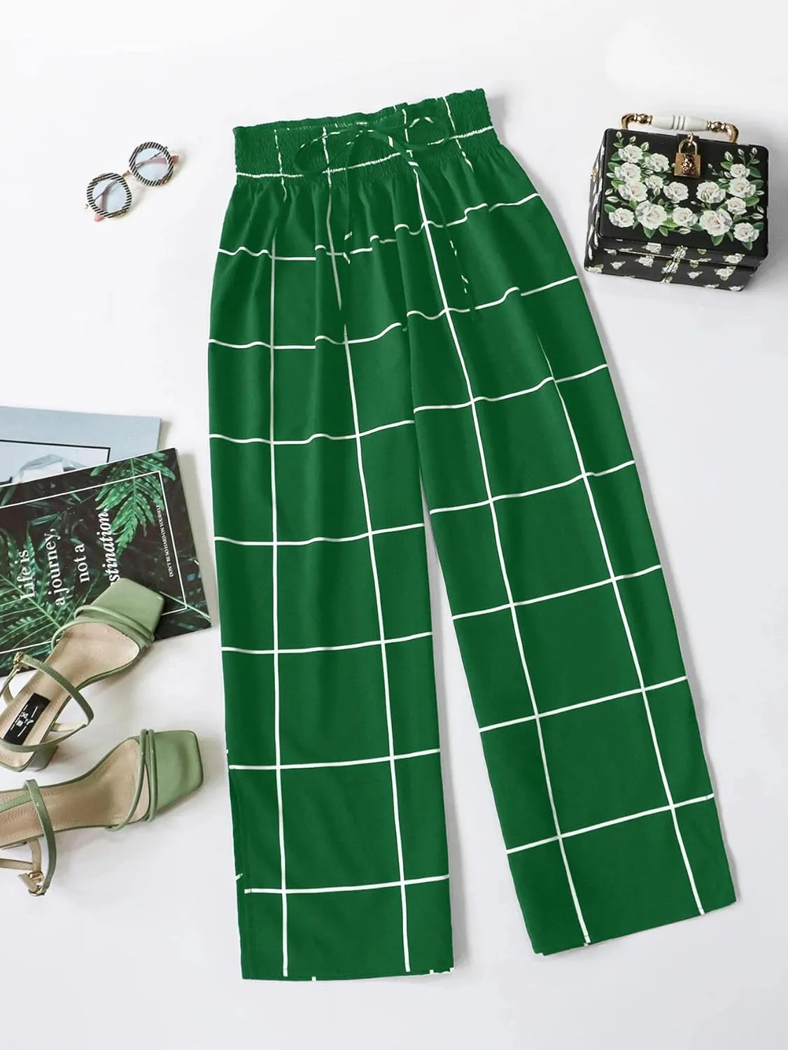 WDIRARA Women's Plus Size Plaid Split Side Tie Front Wide Leg Casual Pants