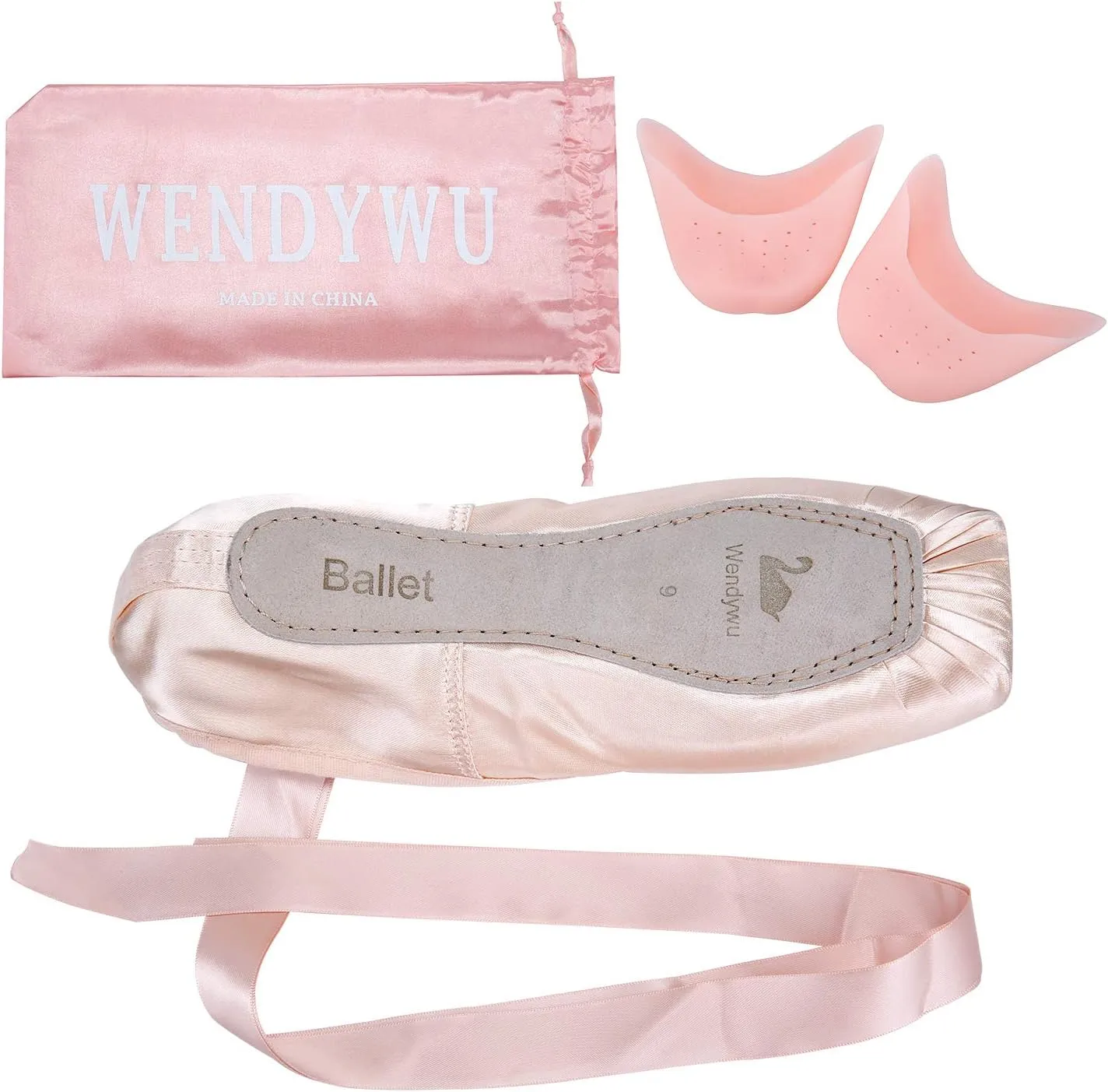 WENDYWU Professional Ballet Pointe Shoe for Kids Girl and Ladies Pink PU Soled Ballet Pointe Dance Shoes with Toe Pads