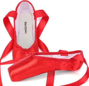 WENDYWU Professional Ballet Pointe Shoe for Kids Girl and Ladies Pink PU Soled Ballet Pointe Dance Shoes with Toe Pads
