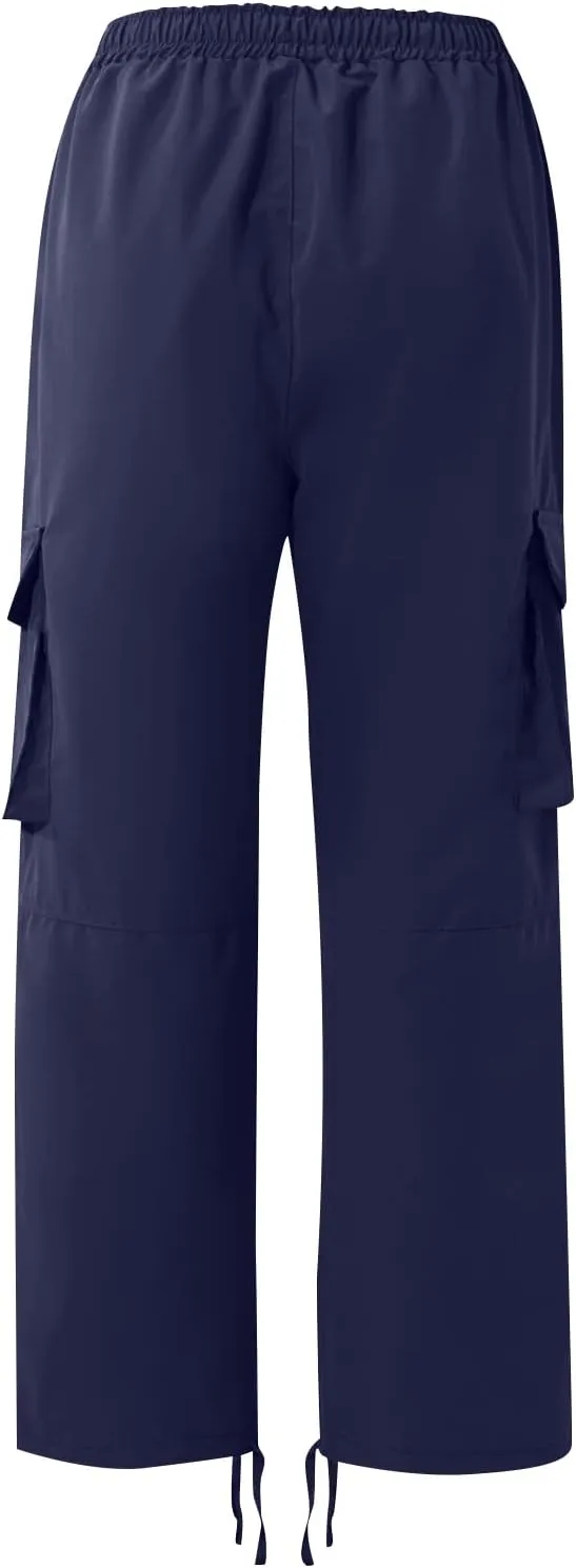 WENKOMG1 Mens Cotton Cargo Pants,Elastic Waist Straight Leg Slacks Solid Drawstring Trousers Slim Fit Bottoms for Men