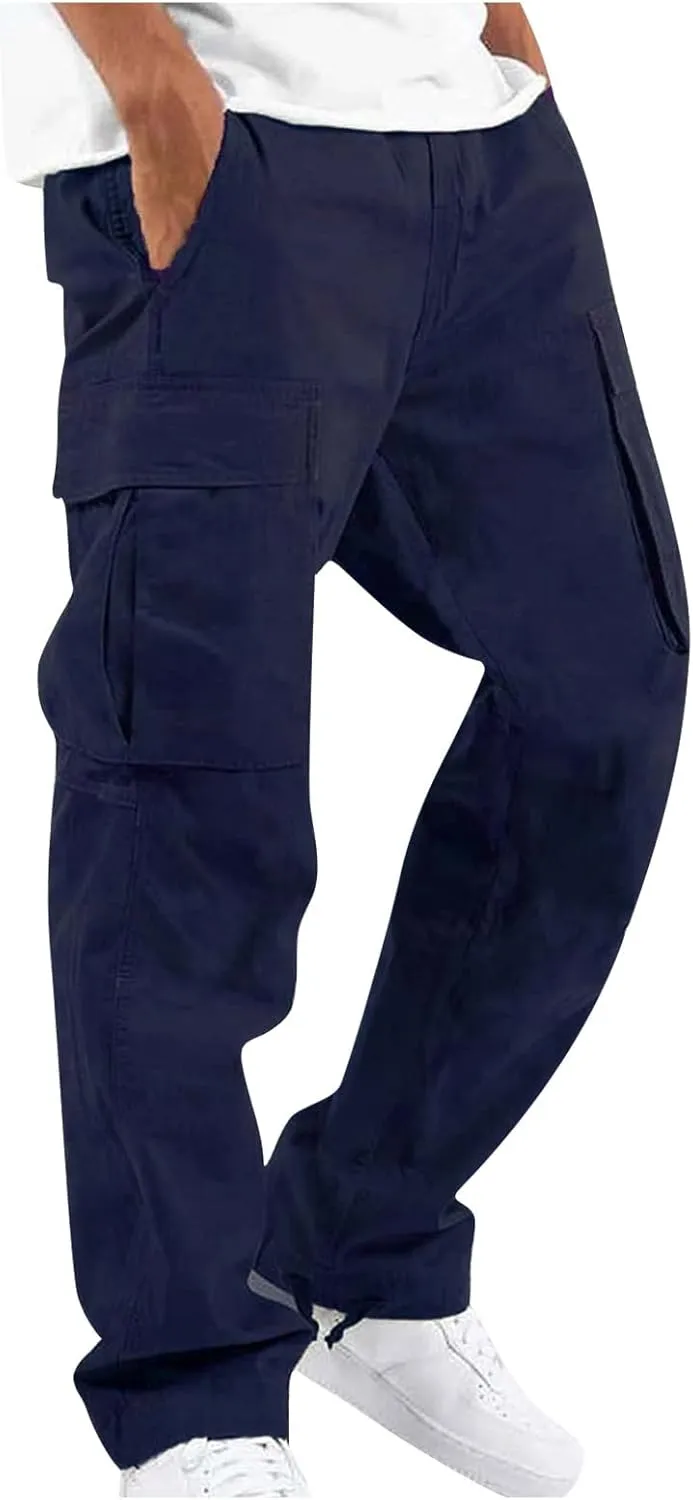 WENKOMG1 Mens Cotton Cargo Pants,Elastic Waist Straight Leg Slacks Solid Drawstring Trousers Slim Fit Bottoms for Men
