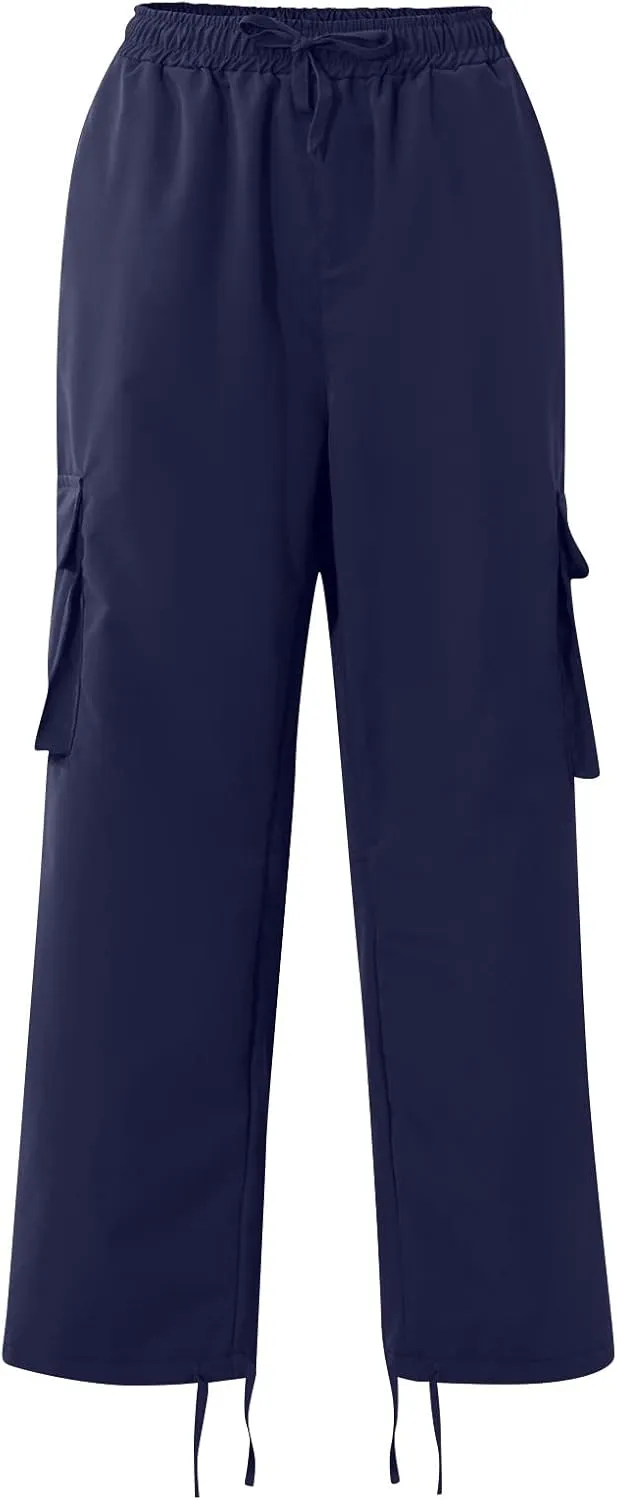 WENKOMG1 Mens Cotton Cargo Pants,Elastic Waist Straight Leg Slacks Solid Drawstring Trousers Slim Fit Bottoms for Men