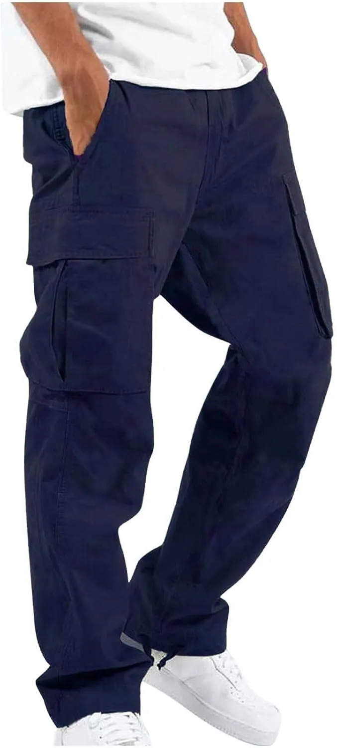 WENKOMG1 Mens Cotton Cargo Pants,Elastic Waist Straight Leg Slacks Solid Drawstring Trousers Slim Fit Bottoms for Men