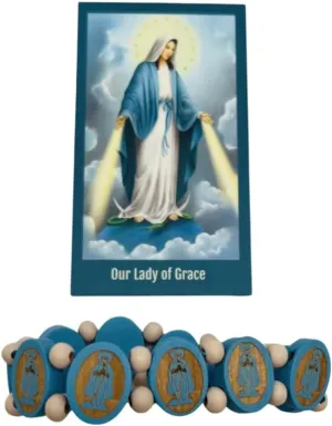 Westmon Works Miraculous Mary Bracelet Set Wooden Catholic Wrist Jewelry and Blessing Prayer Card