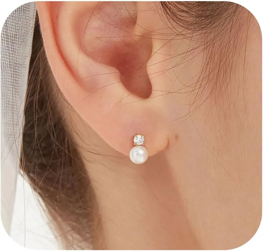 WFYOU Pearl Earrings for Women 925 Sterling Silver Earring 14K Gold Plated Pearls Stud Earrings for Women Trendy White 5 6 7 8 9 10MM Pearl CZ Diamond Hypoallergenic Earring Jewelry Gift