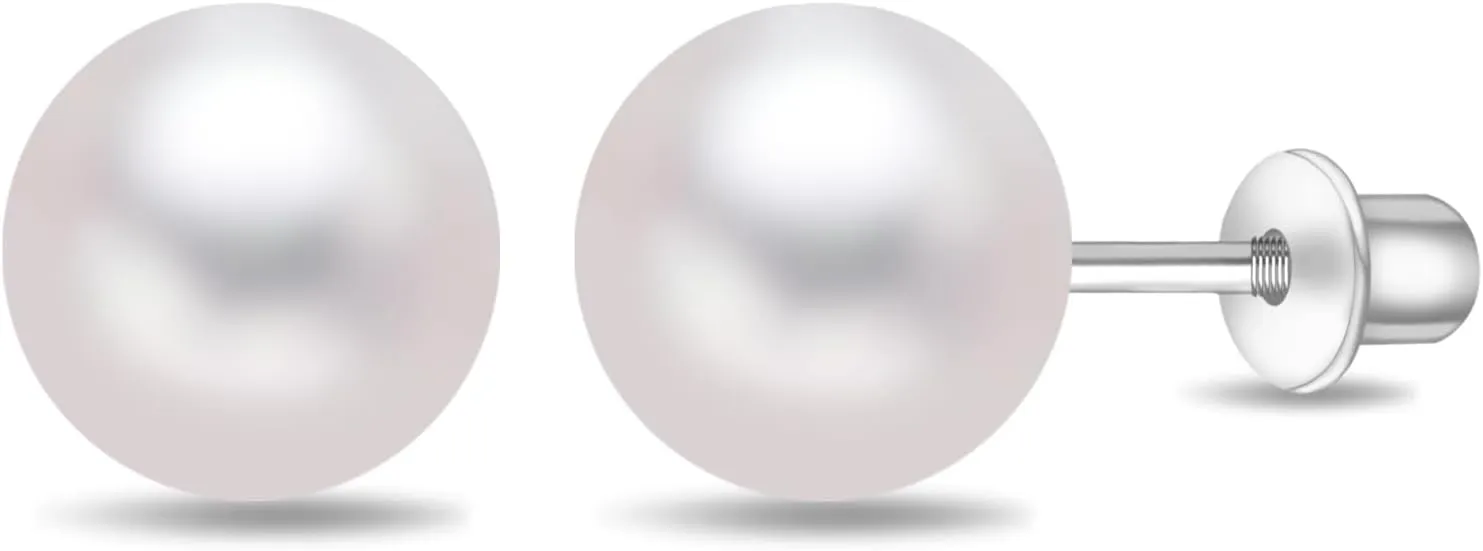 White Pearl Screw Back Earrings - 925 Sterling Silver White Cultured Freshwater Pearl Earrings Jewelry Gifts for Women Men Christmas Thanksgiving Day