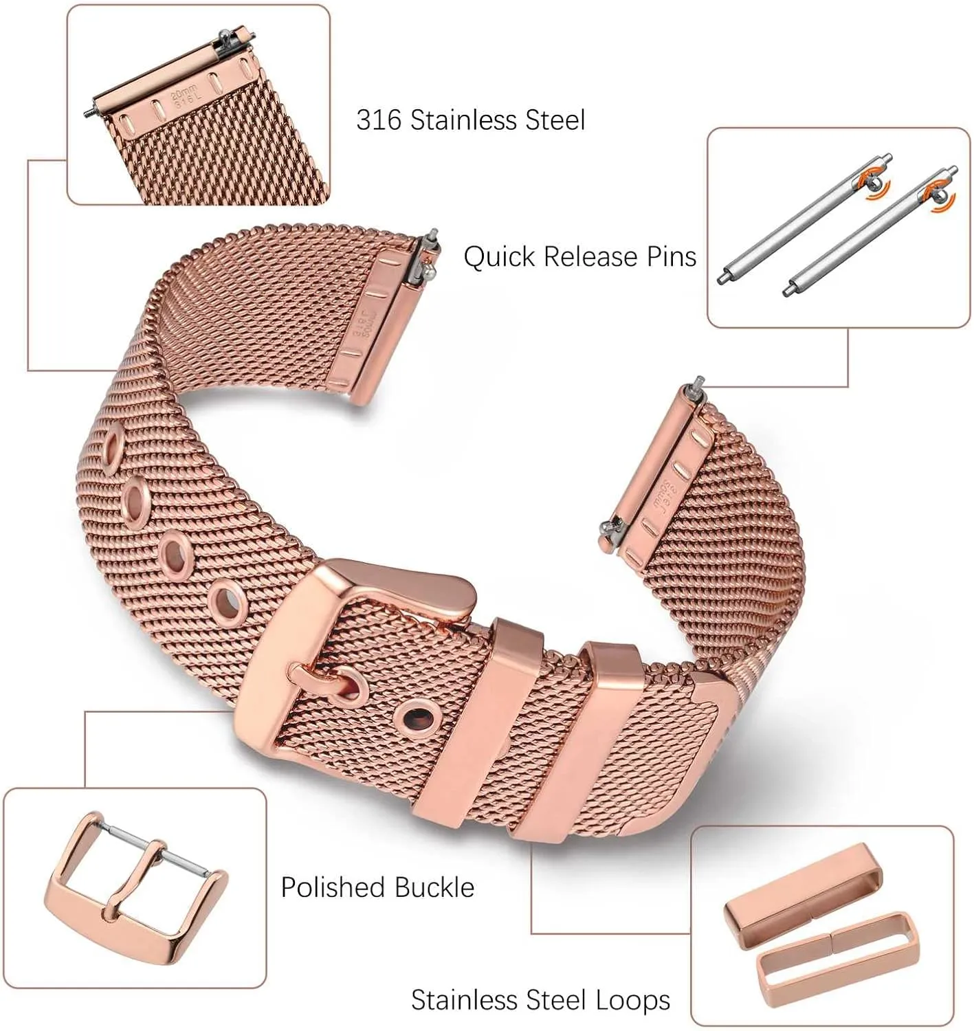 WOCCI 18mm Metal Watch Band for Men and Women, 316L Stainless Steel Woven Mesh, Quick Release Watchbands (Rose Gold)