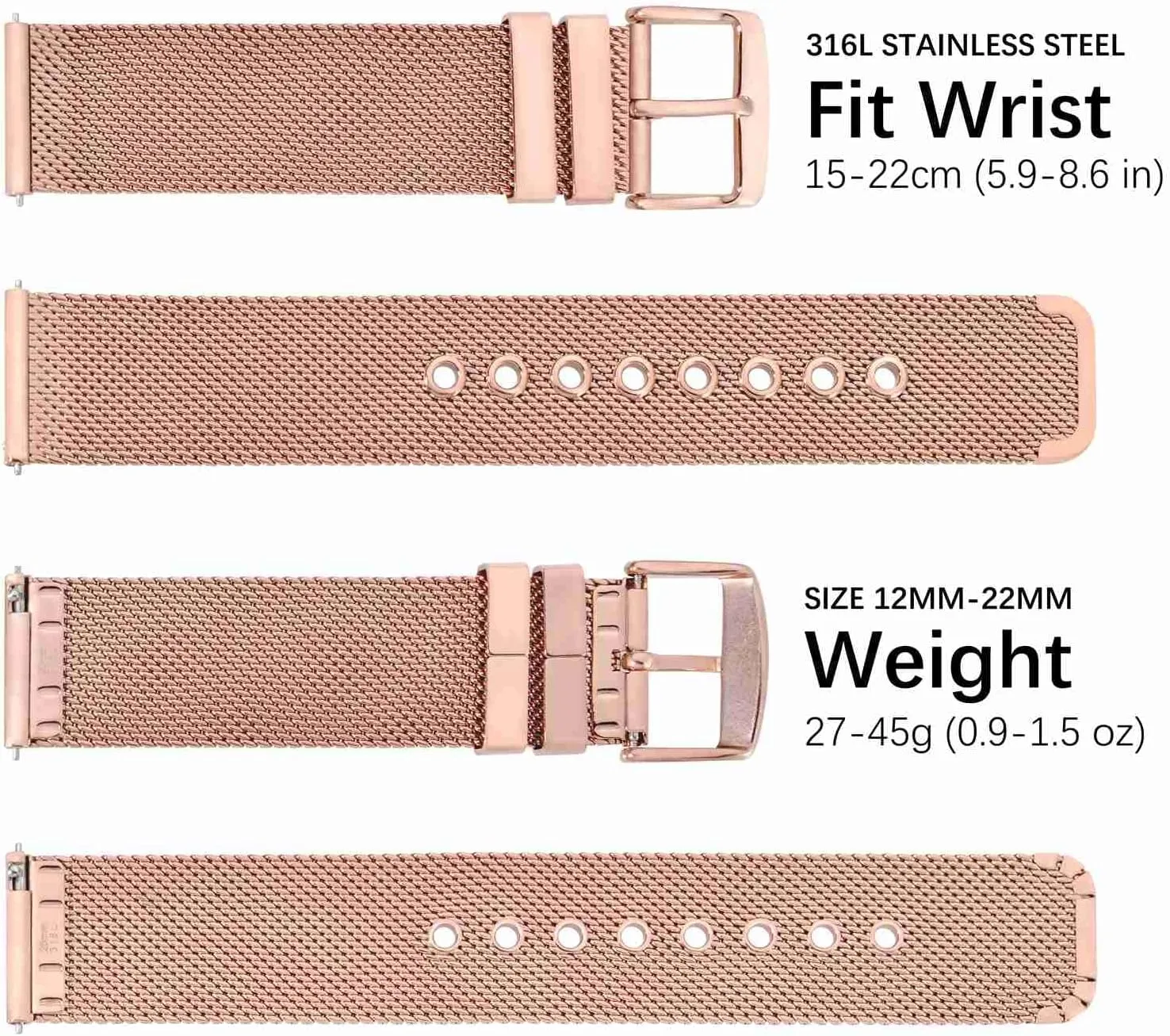 WOCCI 18mm Metal Watch Band for Men and Women, 316L Stainless Steel Woven Mesh, Quick Release Watchbands (Rose Gold)