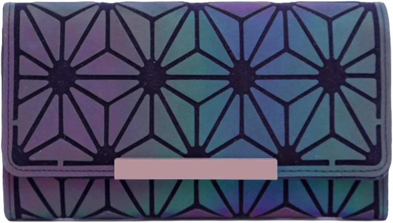 Women Geometric Luminous Wallet Rhomboids Lattice Purse Iridescent Long Coin Clutch Holographic Reflective Wallets