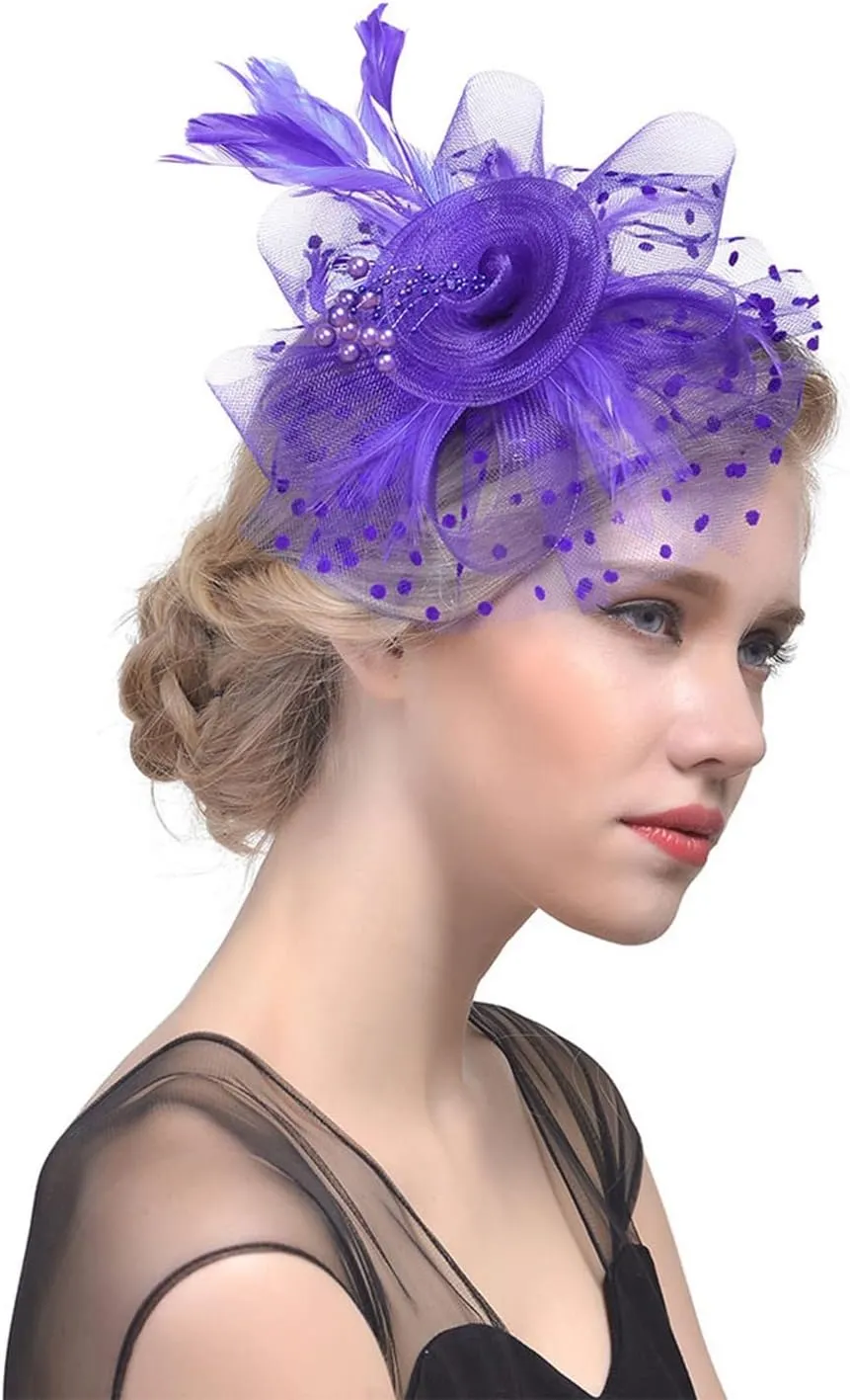 Women Girl Fascinators Hair Clip Hairpin Hat Feather Cocktail Wedding Tea Party Hat Mini Party Hat (Purple, One Size)