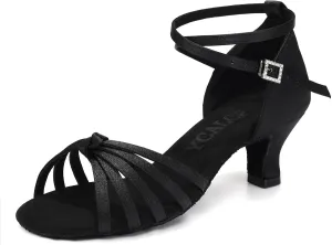 Women Latin Dance Shoes Satin Ballroom Salsa Professional Practice Dancing Shoes, Model EM-217GB-5