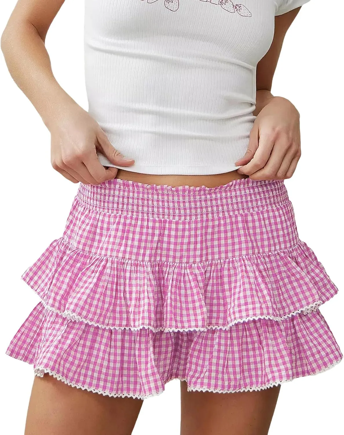 Women Layered Ruffle Hem Skirt Floral Boho Mini Skirt Smocked A Line Pleated Skirt Tiered Short Skirt