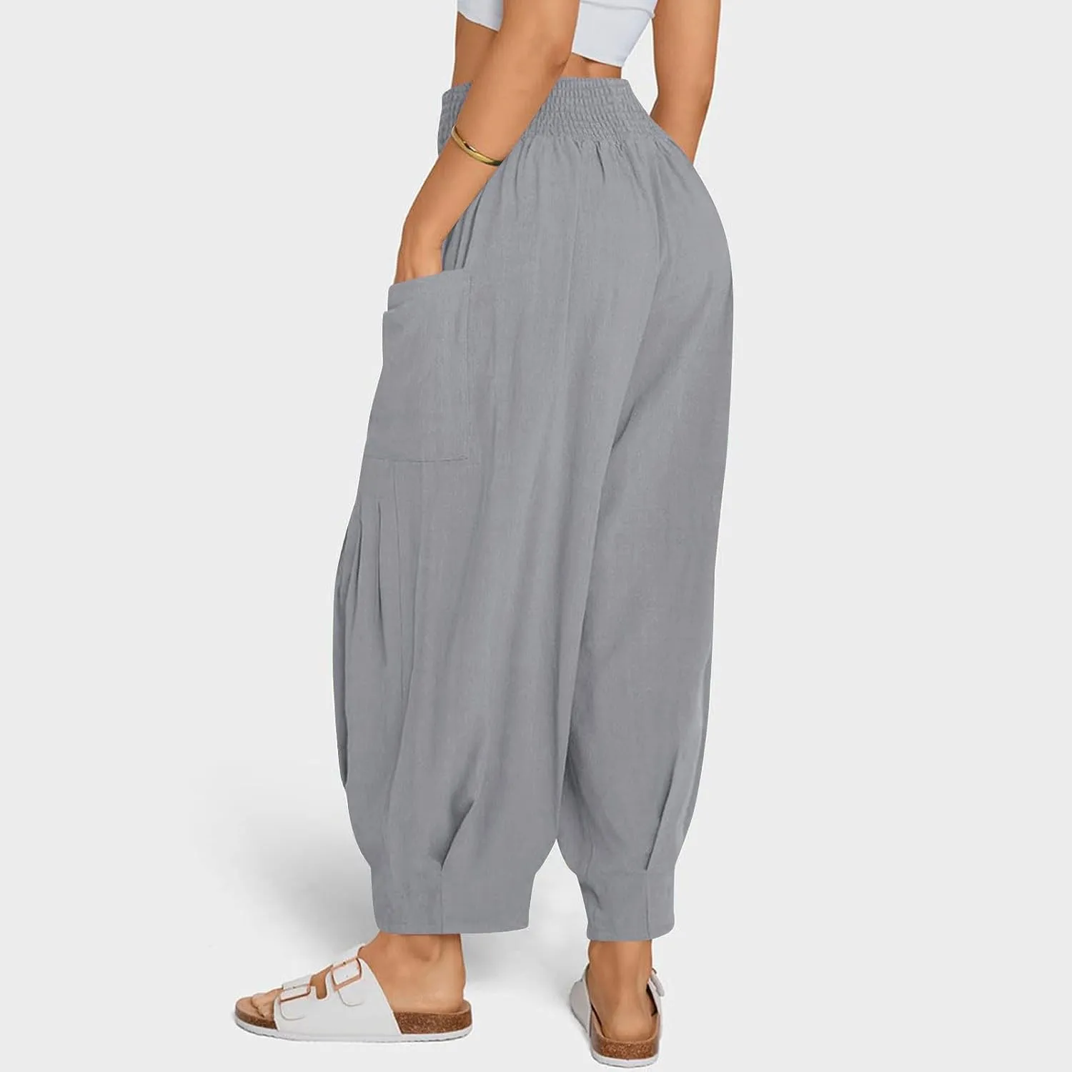 Women Linen Boho Pants Summer Casual Loose High Waist Cargo Lounge Harem Pant 2025 Beach Travel Vacation Outfits