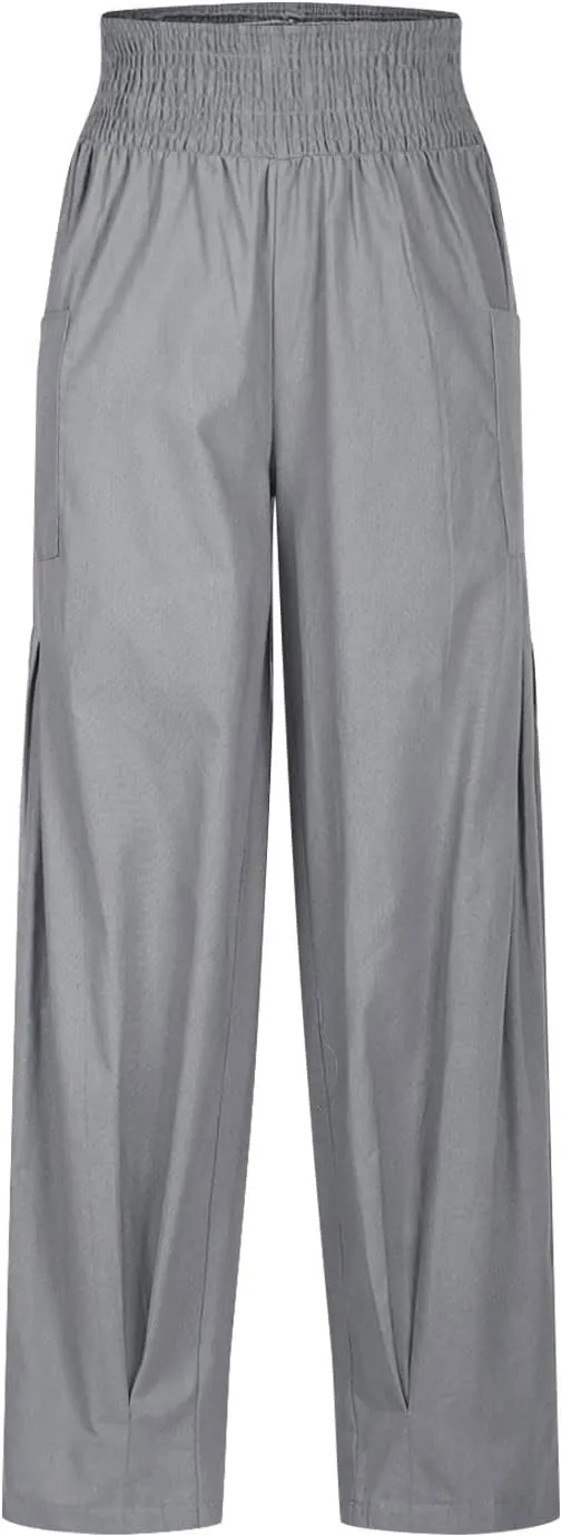 Women Linen Boho Pants Summer Casual Loose High Waist Cargo Lounge Harem Pant 2025 Beach Travel Vacation Outfits