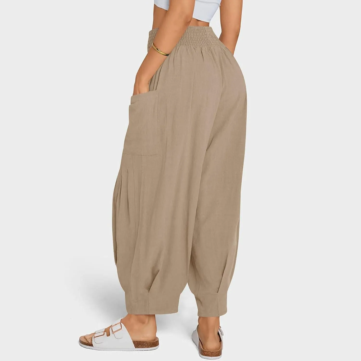 Women Linen Boho Pants Summer Casual Loose High Waist Cargo Lounge Harem Pant 2025 Beach Travel Vacation Outfits