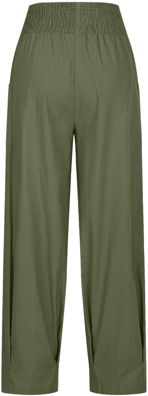 Women Linen Boho Pants Summer Casual Loose High Waist Cargo Lounge Harem Pant 2025 Beach Travel Vacation Outfits