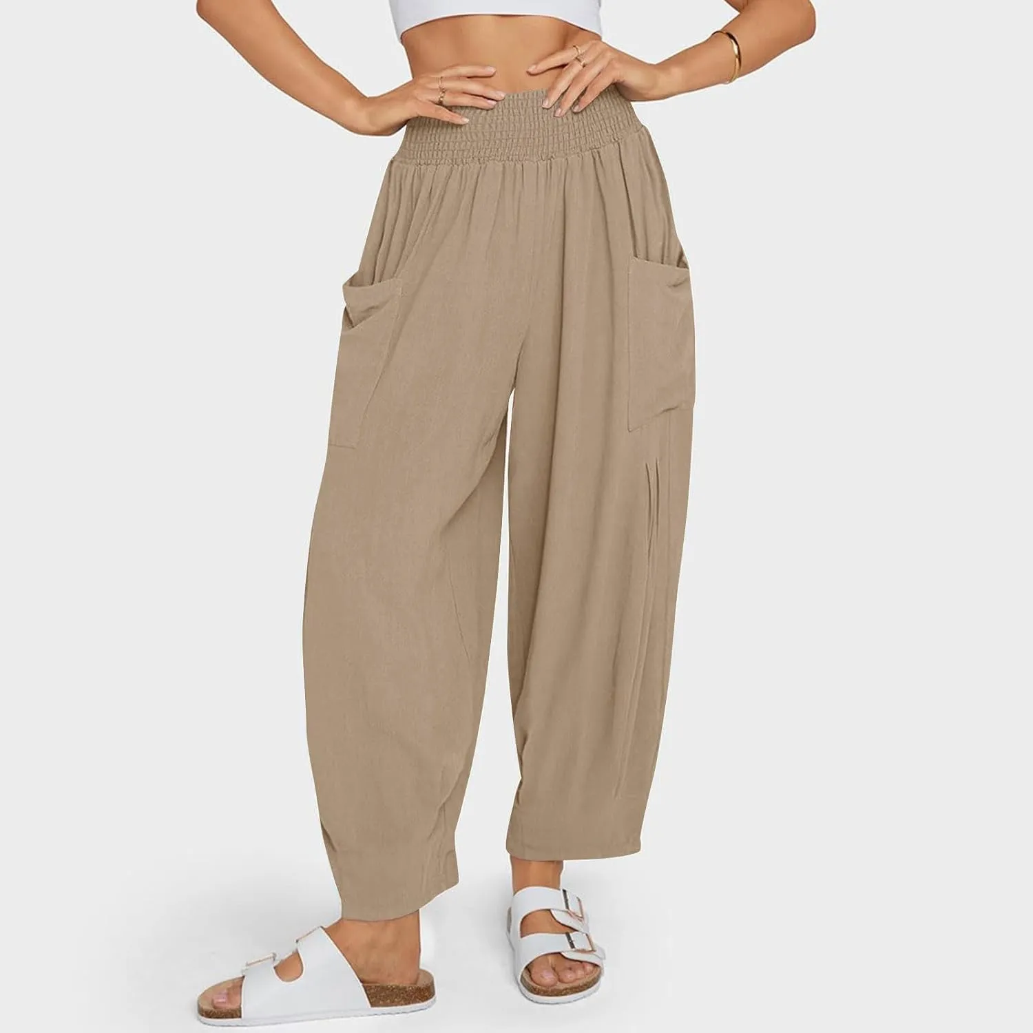 Women Linen Boho Pants Summer Casual Loose High Waist Cargo Lounge Harem Pant 2025 Beach Travel Vacation Outfits