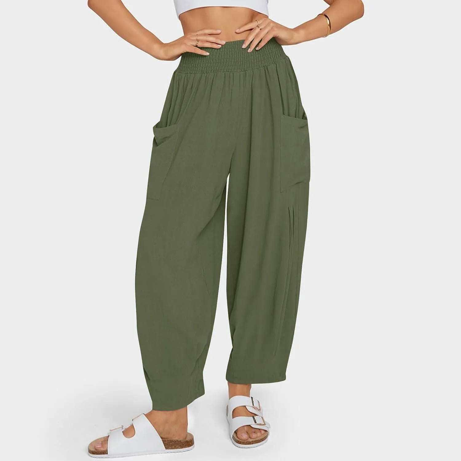 Women Linen Boho Pants Summer Casual Loose High Waist Cargo Lounge Harem Pant 2025 Beach Travel Vacation Outfits
