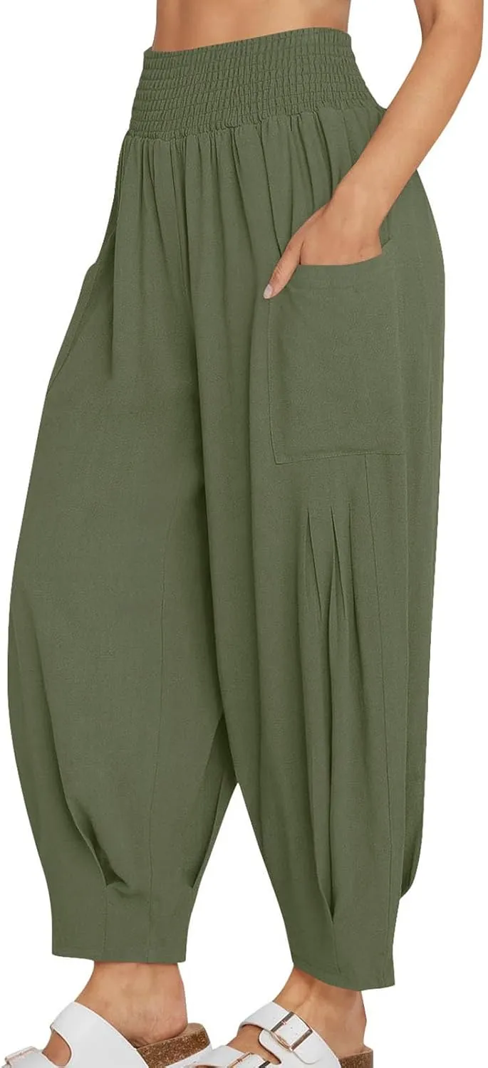 Women Linen Boho Pants Summer Casual Loose High Waist Cargo Lounge Harem Pant 2025 Beach Travel Vacation Outfits