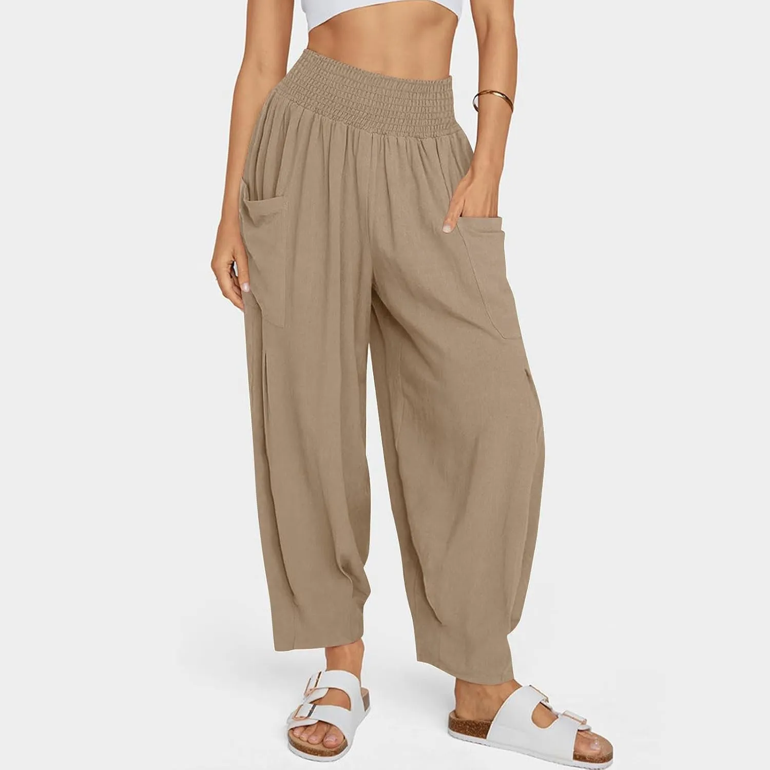 Women Linen Boho Pants Summer Casual Loose High Waist Cargo Lounge Harem Pant 2025 Beach Travel Vacation Outfits