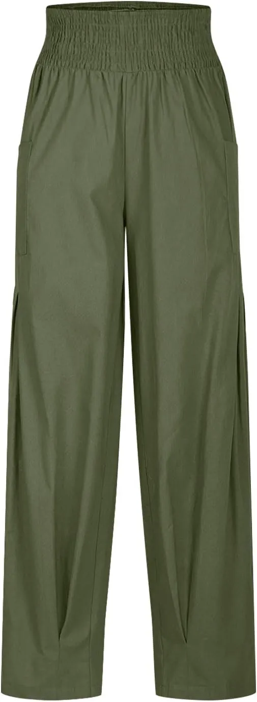 Women Linen Boho Pants Summer Casual Loose High Waist Cargo Lounge Harem Pant 2025 Beach Travel Vacation Outfits