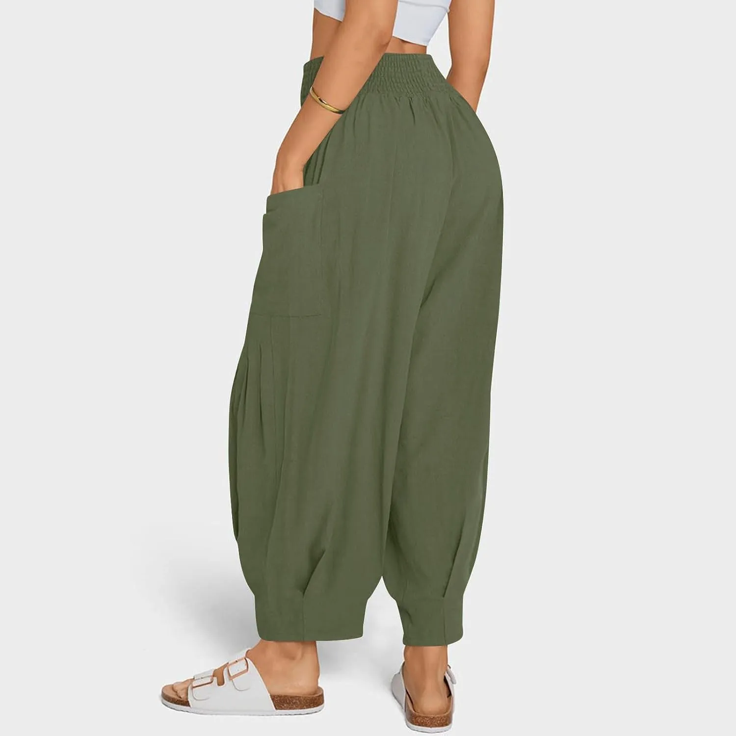 Women Linen Boho Pants Summer Casual Loose High Waist Cargo Lounge Harem Pant 2025 Beach Travel Vacation Outfits