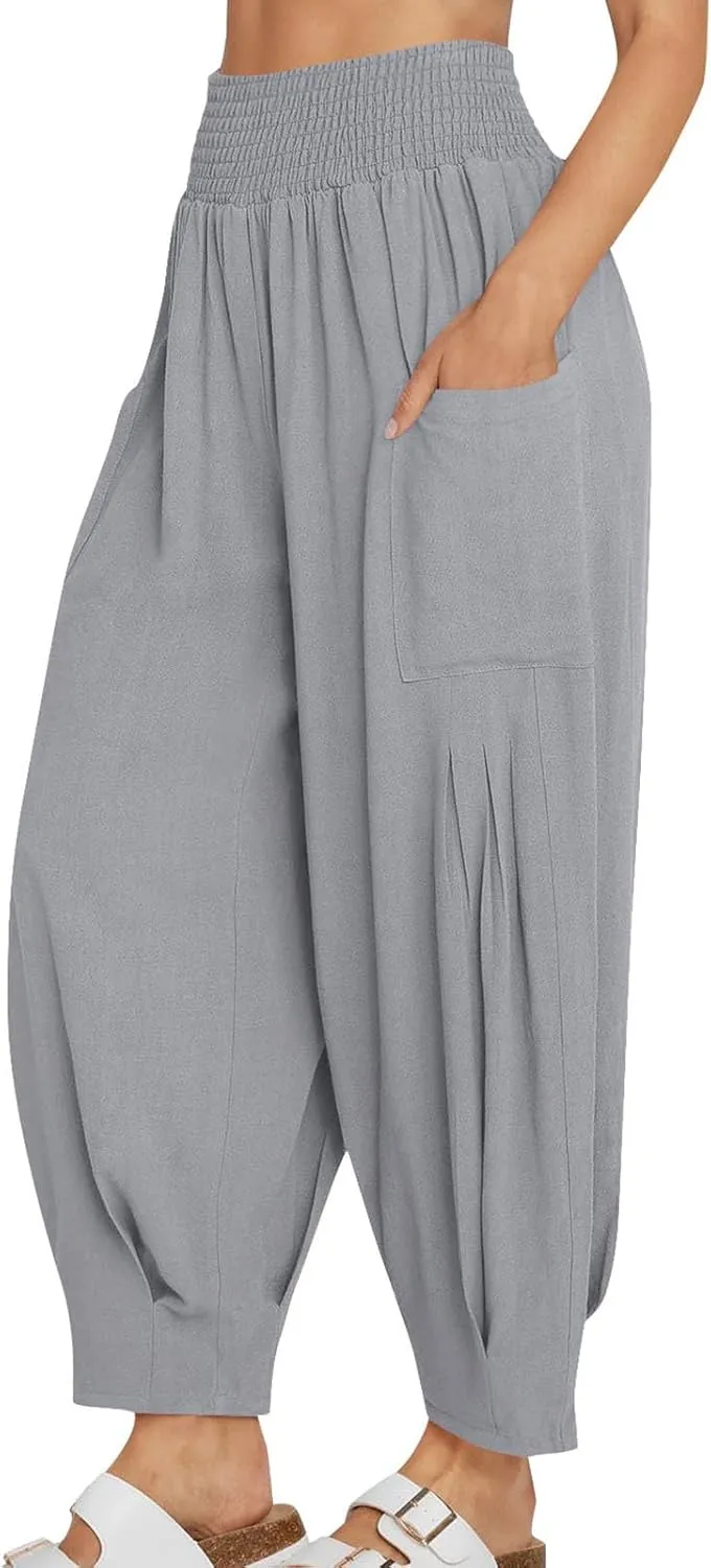 Women Linen Boho Pants Summer Casual Loose High Waist Cargo Lounge Harem Pant 2025 Beach Travel Vacation Outfits