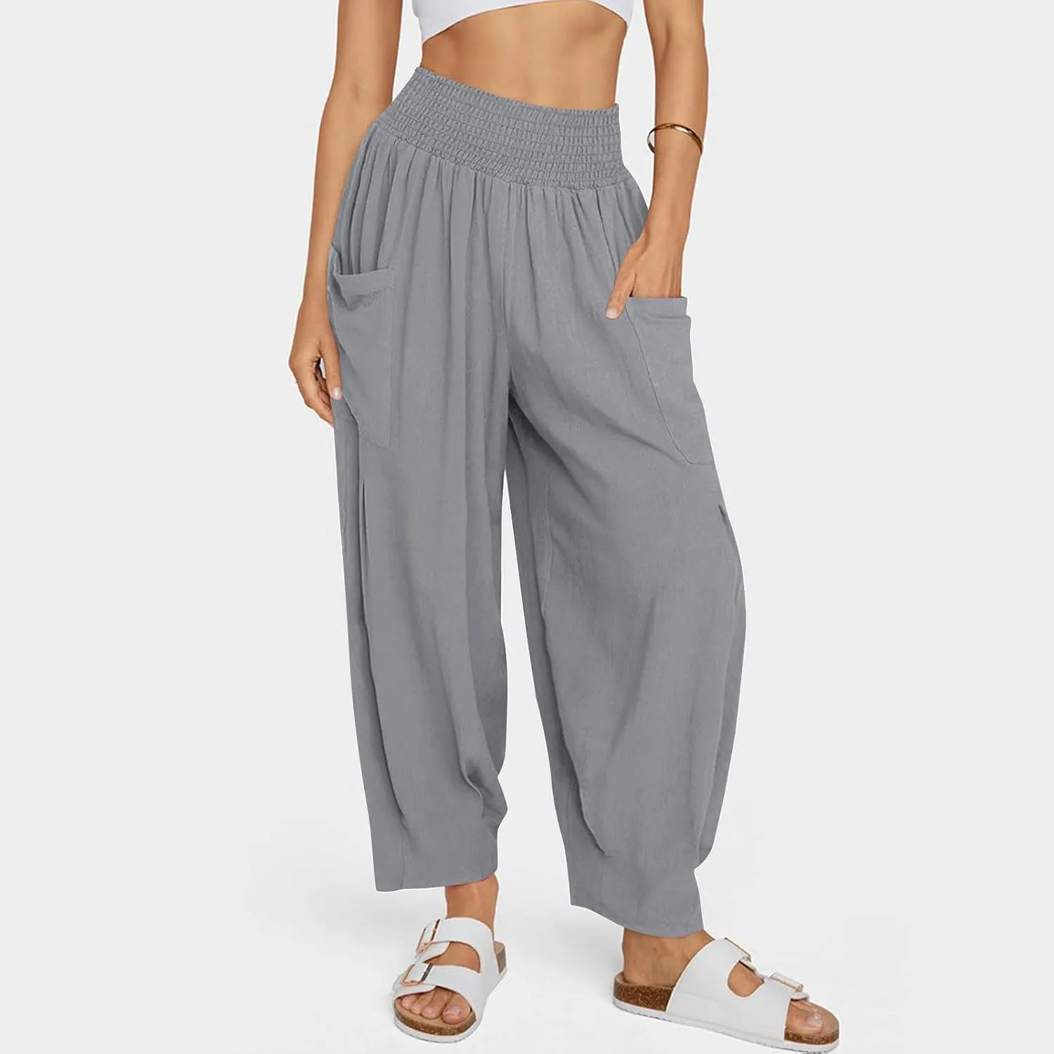 Women Linen Boho Pants Summer Casual Loose High Waist Cargo Lounge Harem Pant 2025 Beach Travel Vacation Outfits