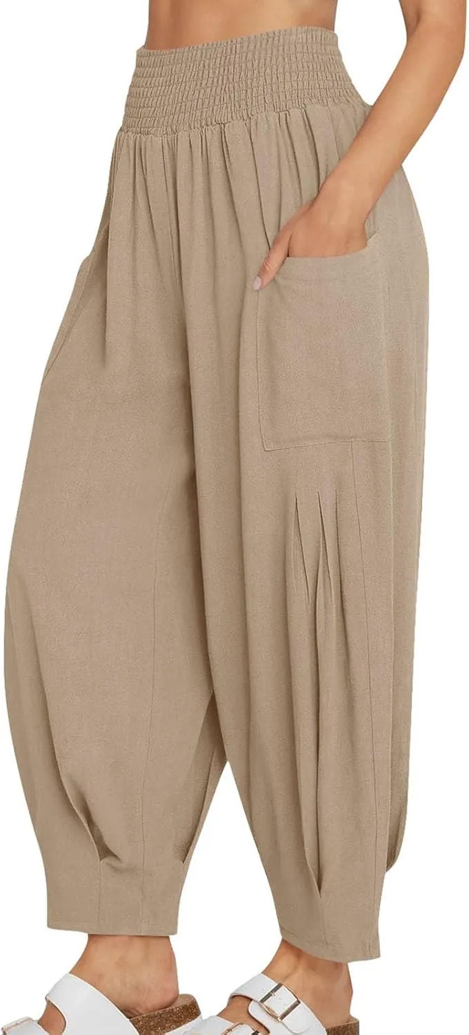 Women Linen Boho Pants Summer Casual Loose High Waist Cargo Lounge Harem Pant 2025 Beach Travel Vacation Outfits