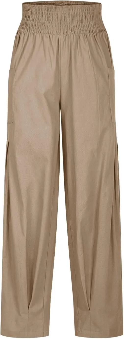 Women Linen Boho Pants Summer Casual Loose High Waist Cargo Lounge Harem Pant 2025 Beach Travel Vacation Outfits