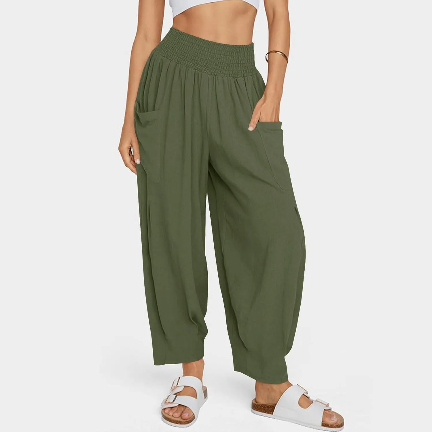 Women Linen Boho Pants Summer Casual Loose High Waist Cargo Lounge Harem Pant 2025 Beach Travel Vacation Outfits