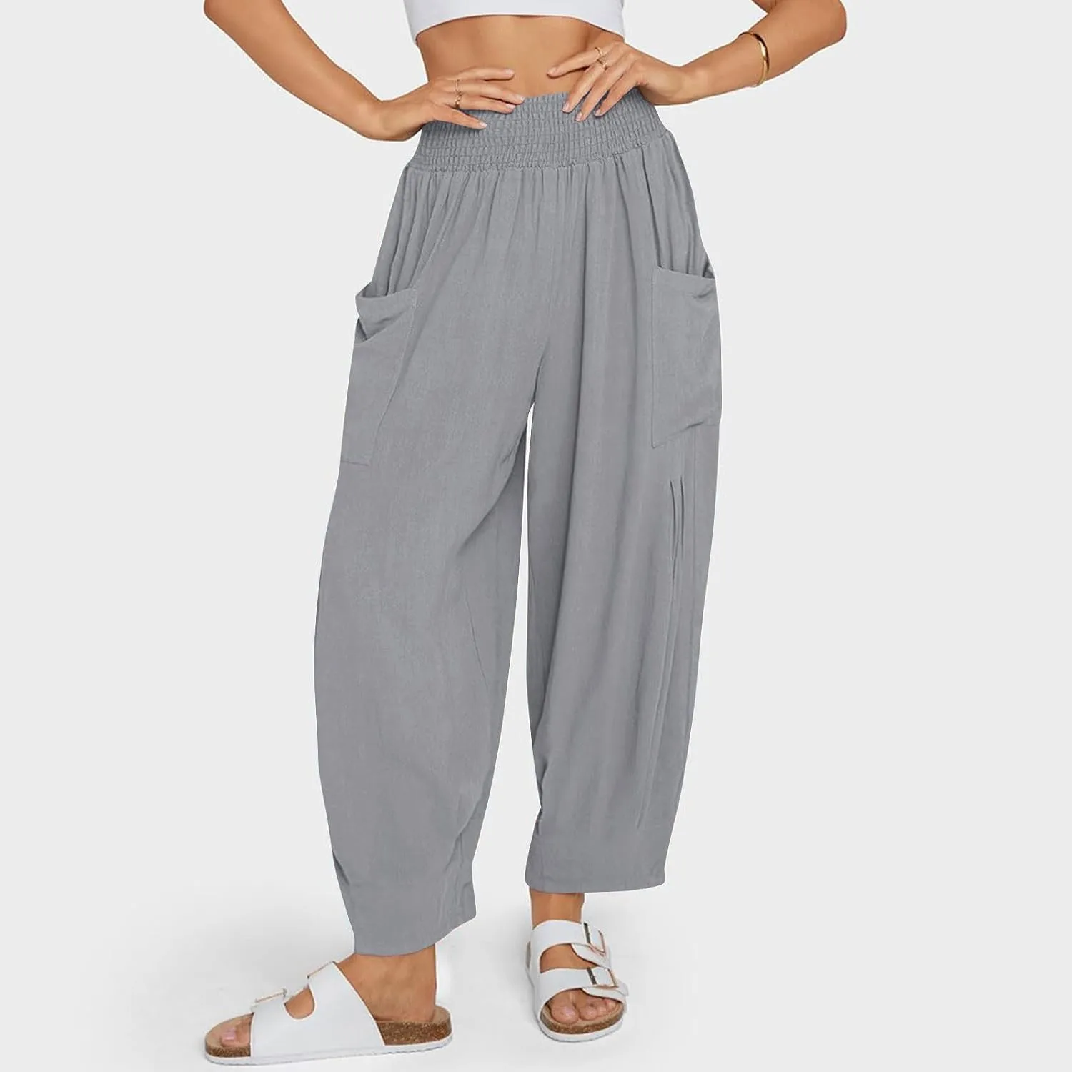Women Linen Boho Pants Summer Casual Loose High Waist Cargo Lounge Harem Pant 2025 Beach Travel Vacation Outfits