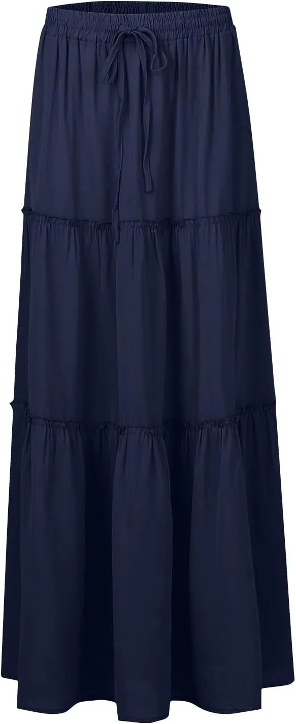Women Maxi Skirt Casual High Waisted A Line Flowy Long Skirts Pleated Ruffle Tiered Boho Beach Skirts with Pockets