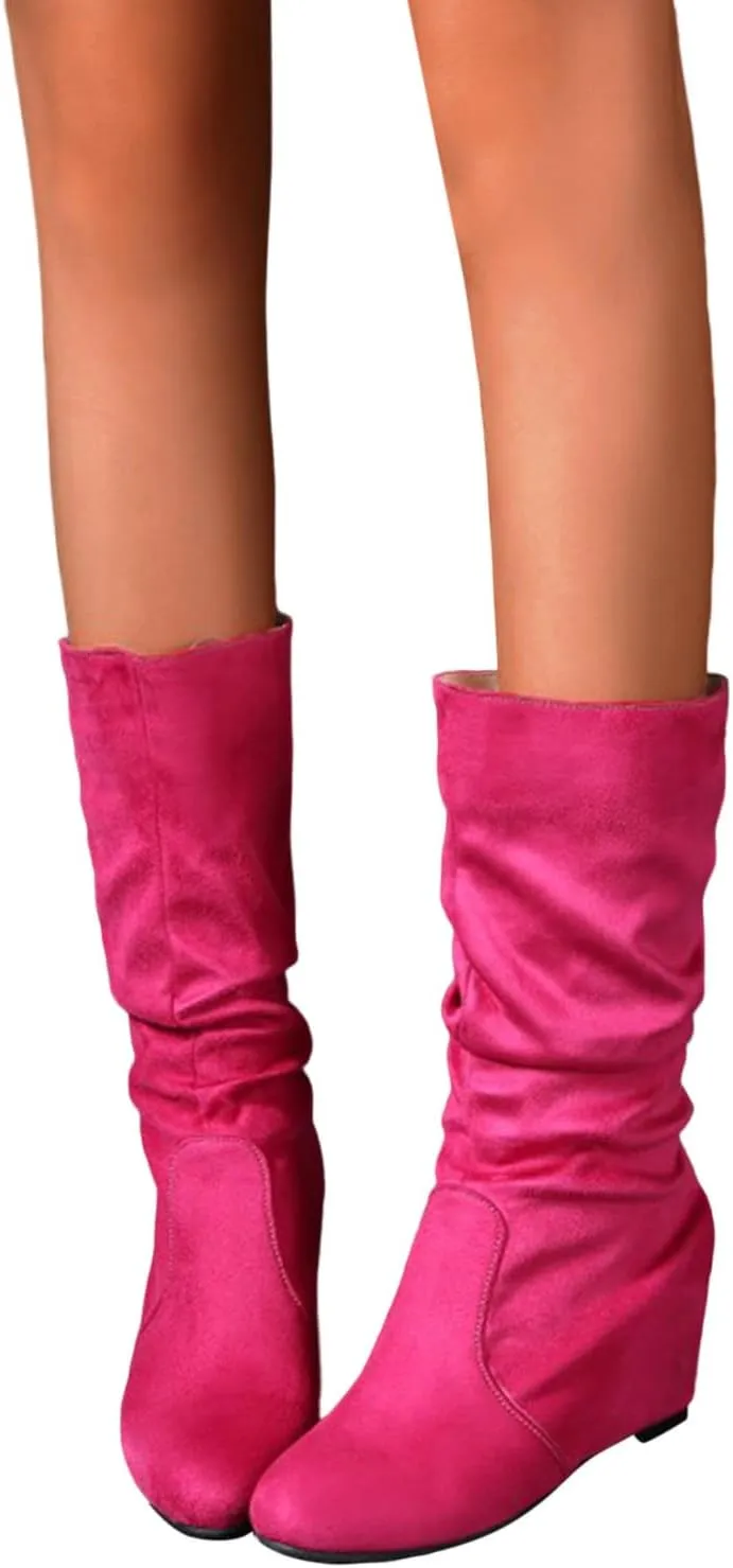Women Mid Calf Boots Dressy Ankle Boots for Women Mid Calf Boots Flock Close Toe Mid Calf Slip on Casual Women Boots
