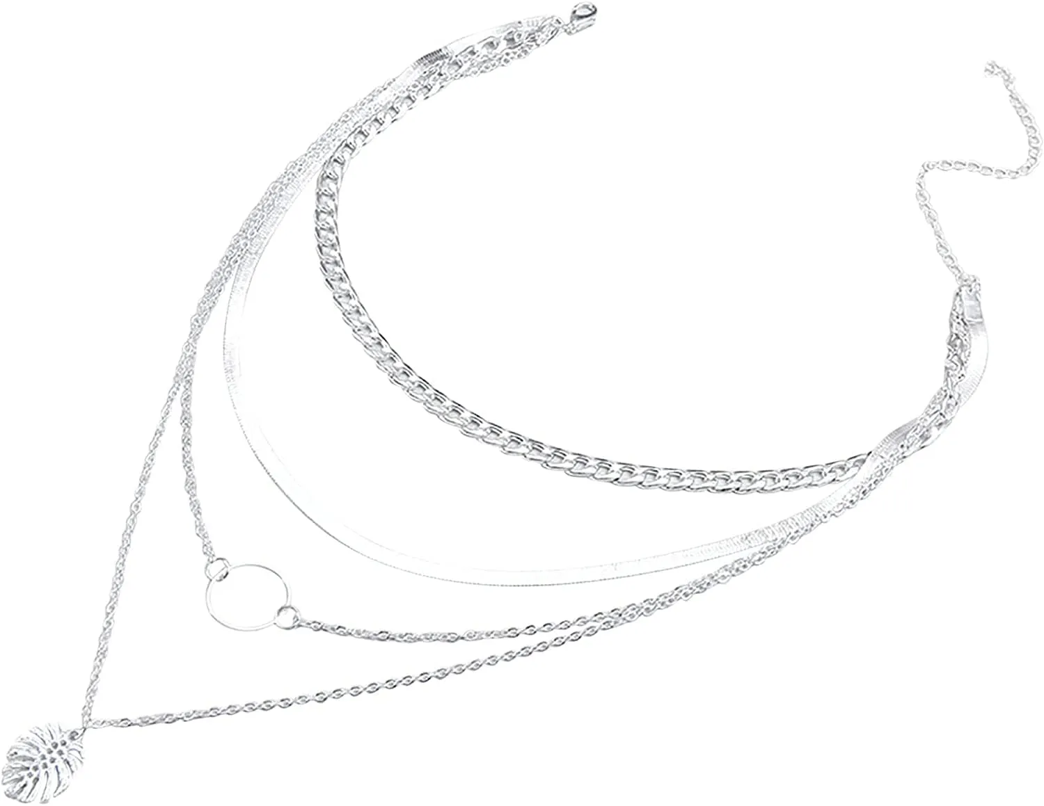 Women Multi-Layer Necklace Leaf Pendant Collarbone Chain Fashion Jewelry Silver, One Size