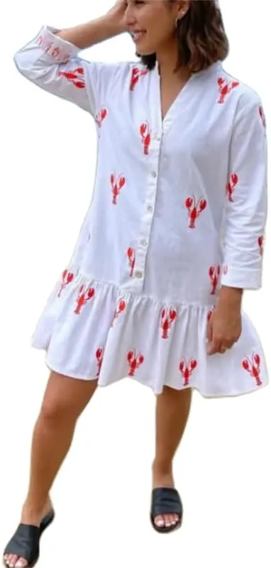 Women Y2k Boho Mini Dress Long Sleeve Lobster Print Button Down Short Dress Summer Embroidered Ruffle Sundress