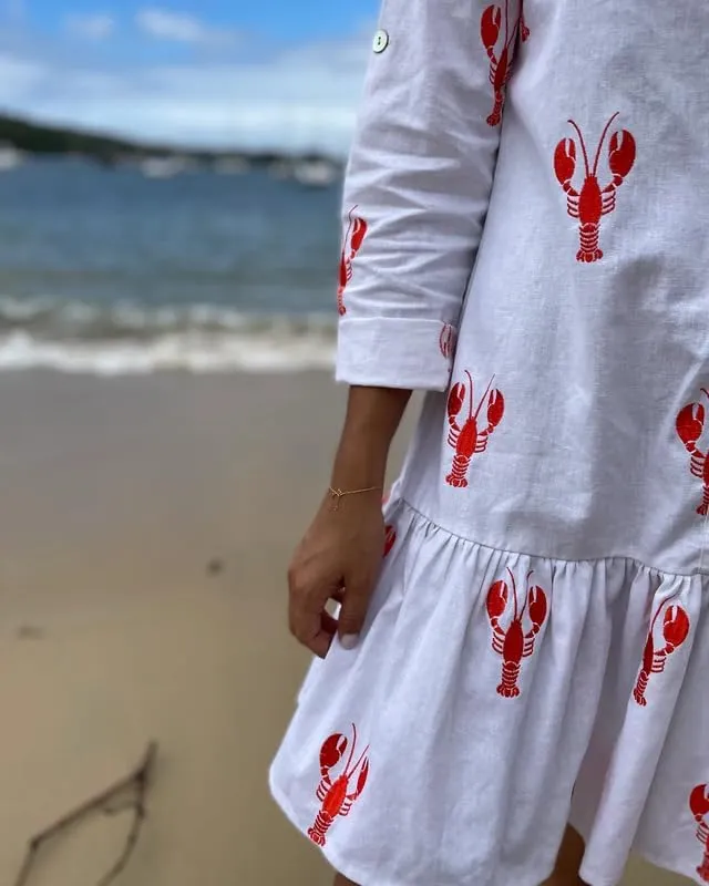 Women Y2k Boho Mini Dress Long Sleeve Lobster Print Button Down Short Dress Summer Embroidered Ruffle Sundress