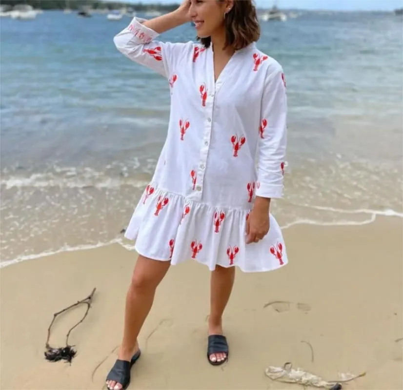 Women Y2k Boho Mini Dress Long Sleeve Lobster Print Button Down Short Dress Summer Embroidered Ruffle Sundress