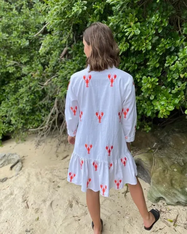 Women Y2k Boho Mini Dress Long Sleeve Lobster Print Button Down Short Dress Summer Embroidered Ruffle Sundress