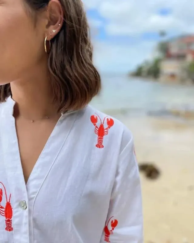 Women Y2k Boho Mini Dress Long Sleeve Lobster Print Button Down Short Dress Summer Embroidered Ruffle Sundress