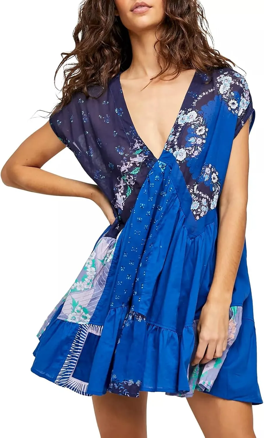 Women Y2k Floral Ruffle Mini Dress Boho V Neck Puff Sleeve Short Dress Flowy Patchwork Babydoll Dress