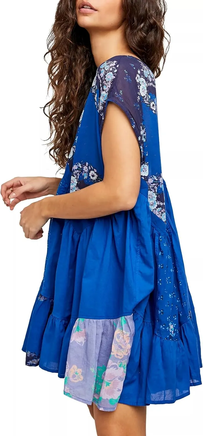 Women Y2k Floral Ruffle Mini Dress Boho V Neck Puff Sleeve Short Dress Flowy Patchwork Babydoll Dress