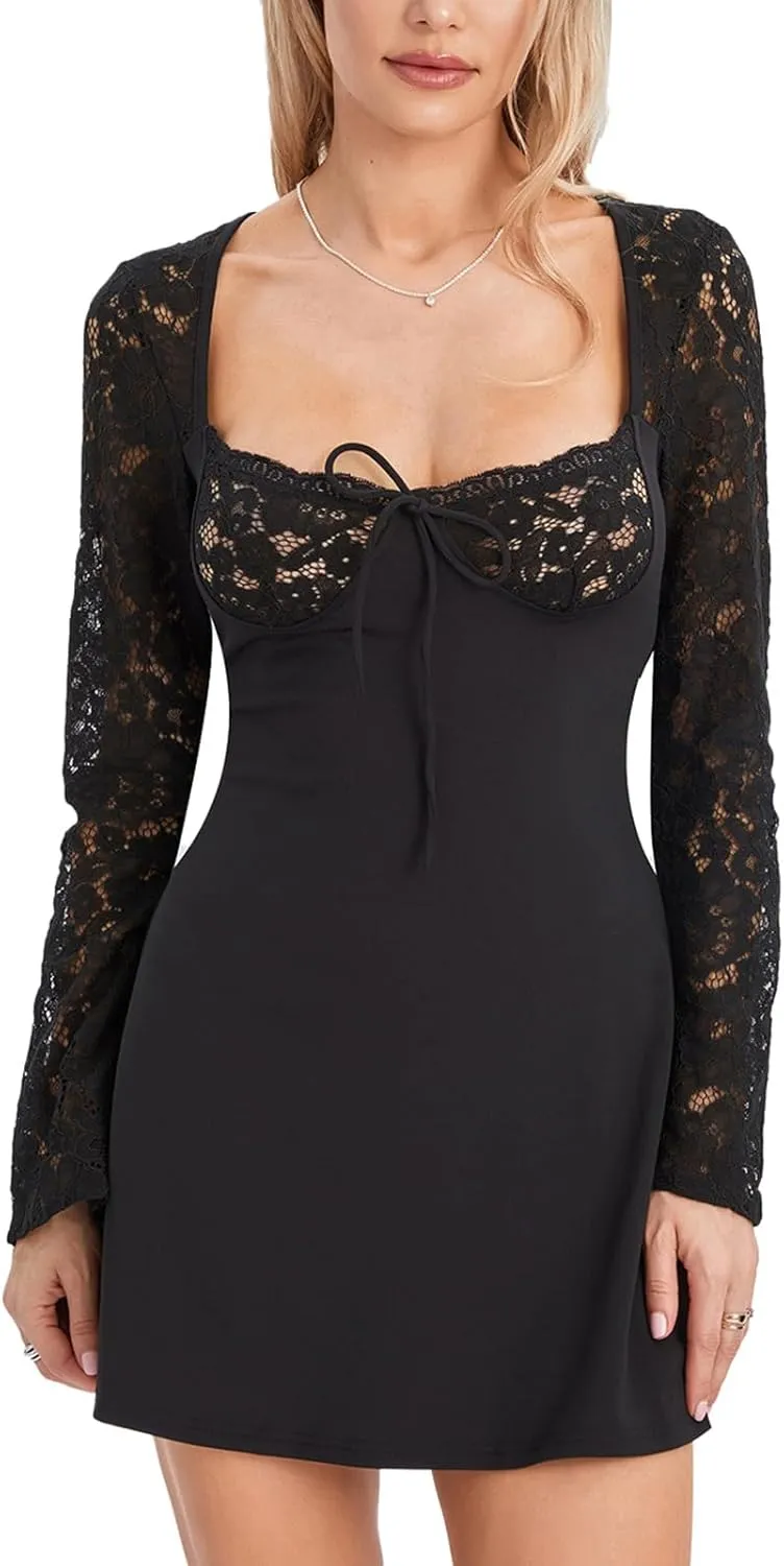 Women Y2K Lace Long Sleeve Mini Dress Square Neck Backless Satin Short Dress Sexy Clubwear