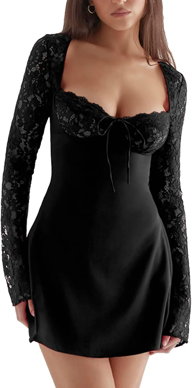 Women Y2K Lace Long Sleeve Mini Dress Square Neck Backless Satin Short Dress Sexy Clubwear