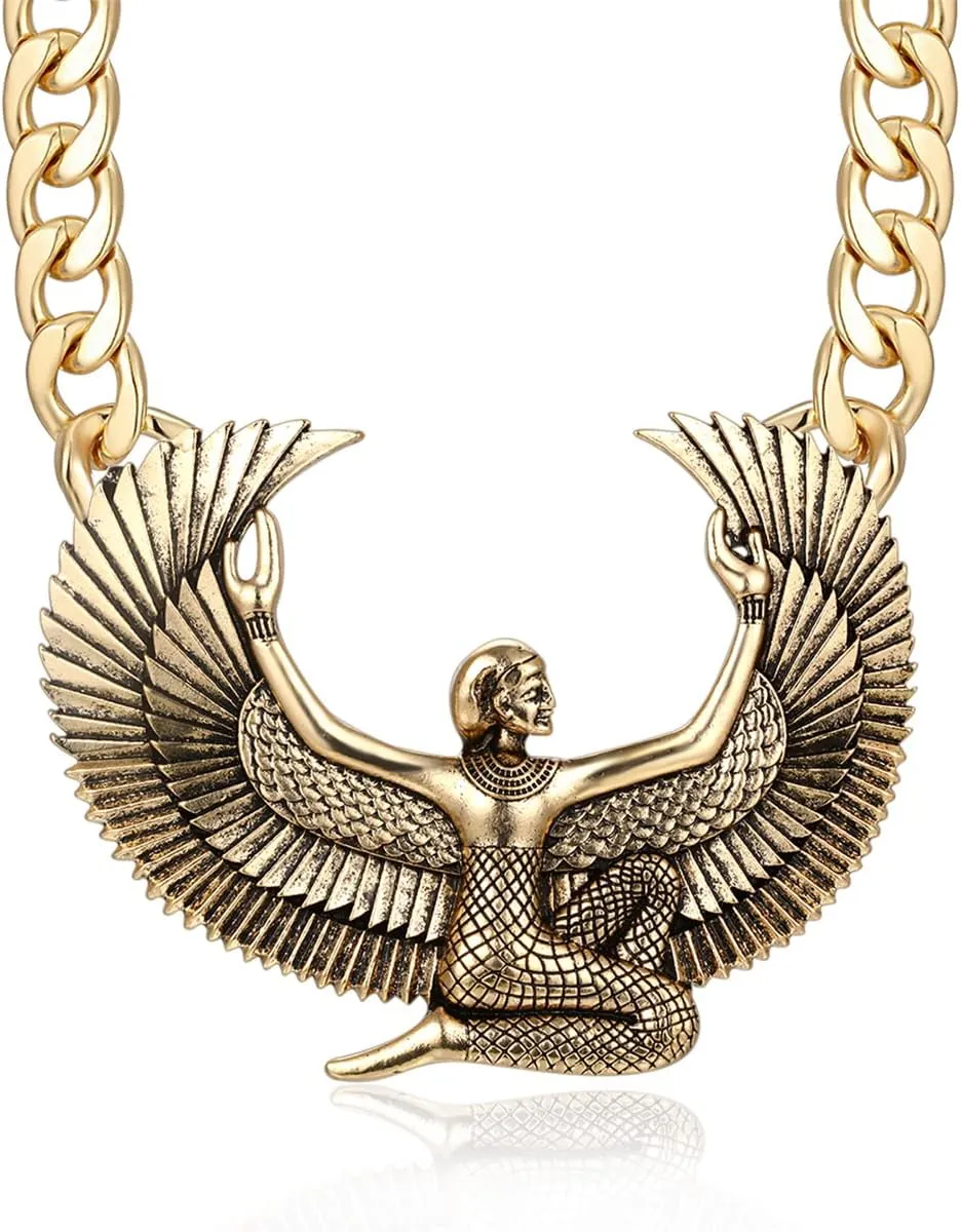 Women's Ancient Egyptian Gold Goddess Isis Choker Necklace Hip Hop Chunky Chain Witch Wing Pendant Costume Cocktail Jewelry