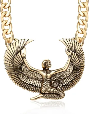 Women's Ancient Egyptian Gold Goddess Isis Choker Necklace Hip Hop Chunky Chain Witch Wing Pendant Costume Cocktail Jewelry