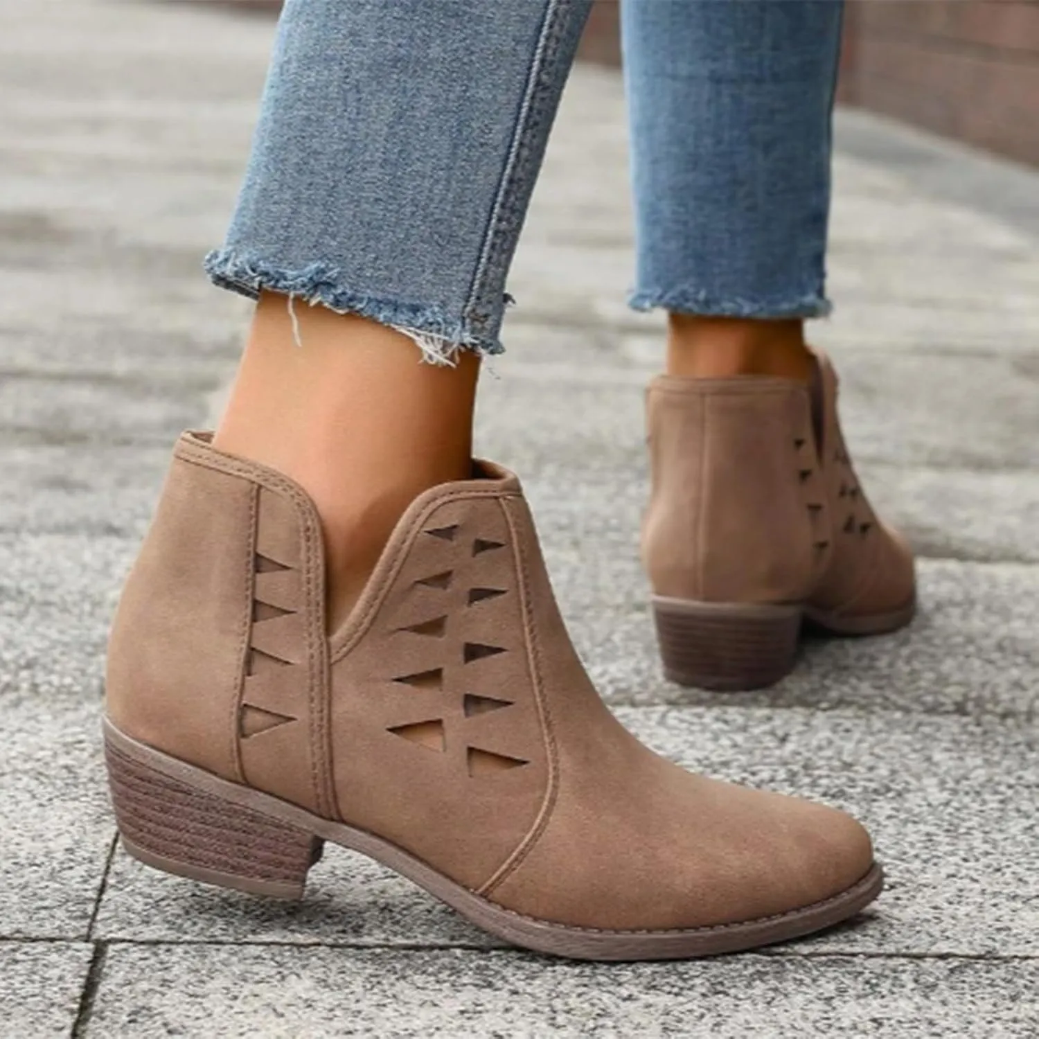 Women's Ankle Boots & Booties Low Heel Winter Boots for Women 2024 Fashion Casual V-Cut Triangle Shape Hollow Shoes