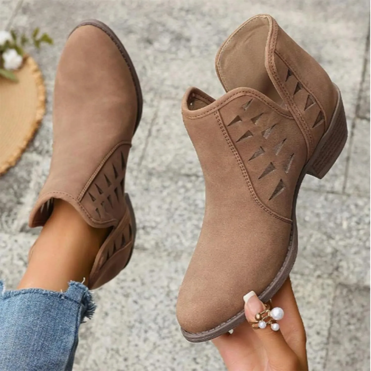 Women's Ankle Boots & Booties Low Heel Winter Boots for Women 2024 Fashion Casual V-Cut Triangle Shape Hollow Shoes