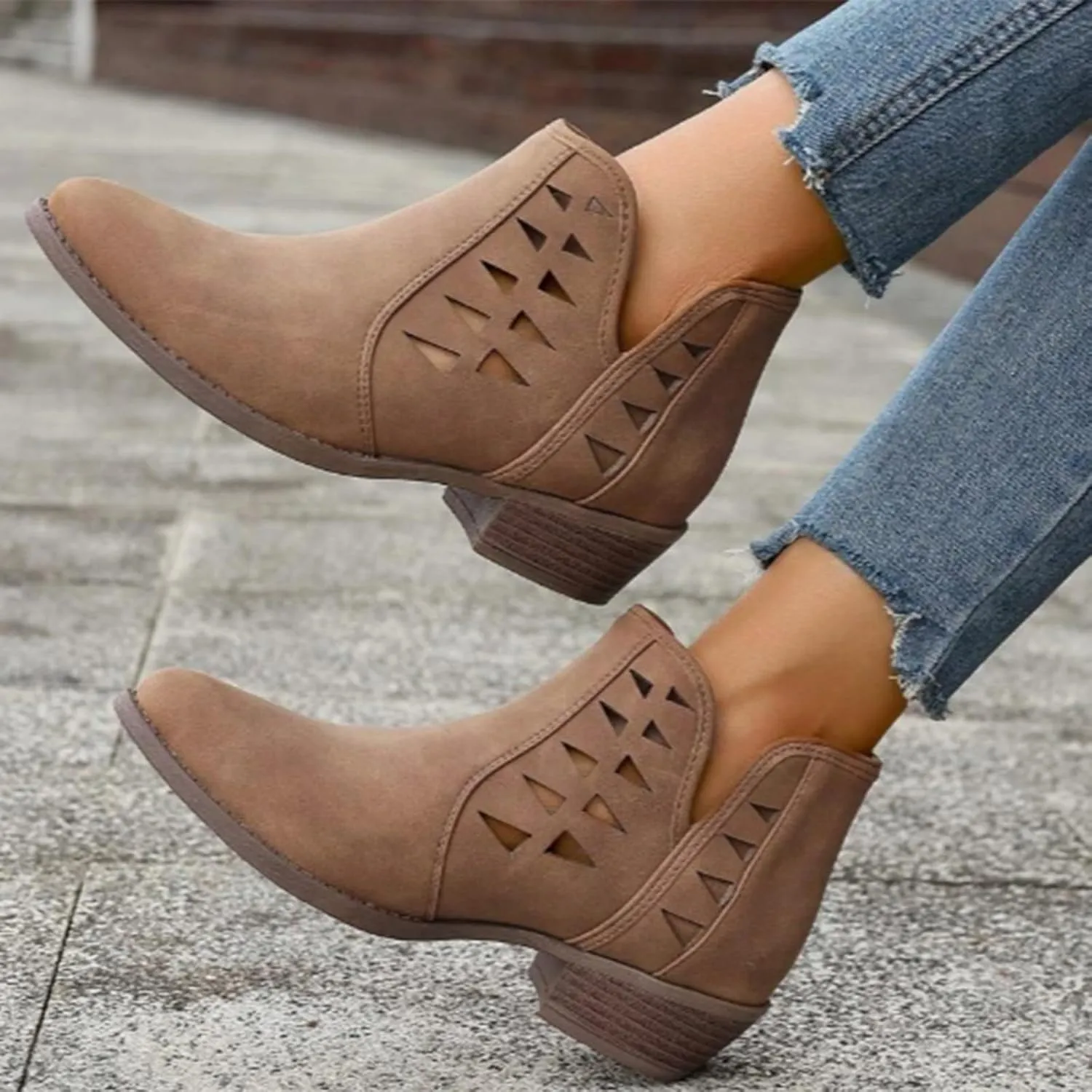 Women's Ankle Boots & Booties Low Heel Winter Boots for Women 2024 Fashion Casual V-Cut Triangle Shape Hollow Shoes